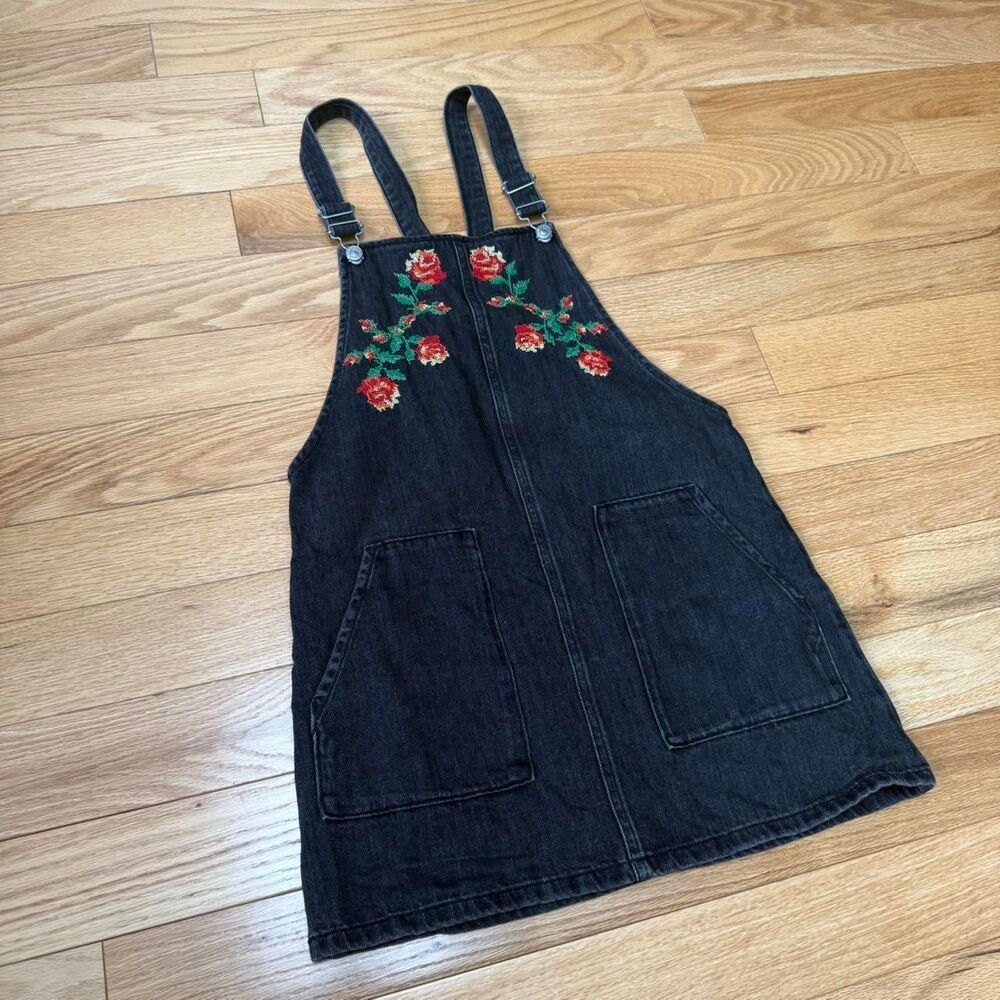 Topshop Women's Black Denim Overall DressEmbroidered Size 6 Y2K Cottagecore